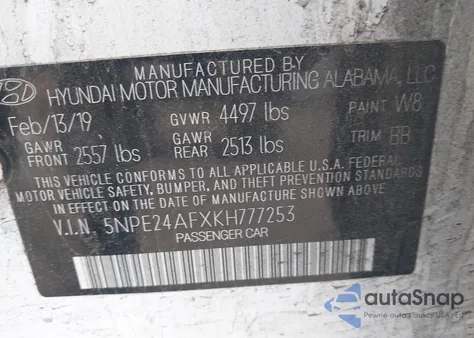 2019 Hyundai Sonata Se from USA, damaged, VIN 5NPE24AFXKH777253